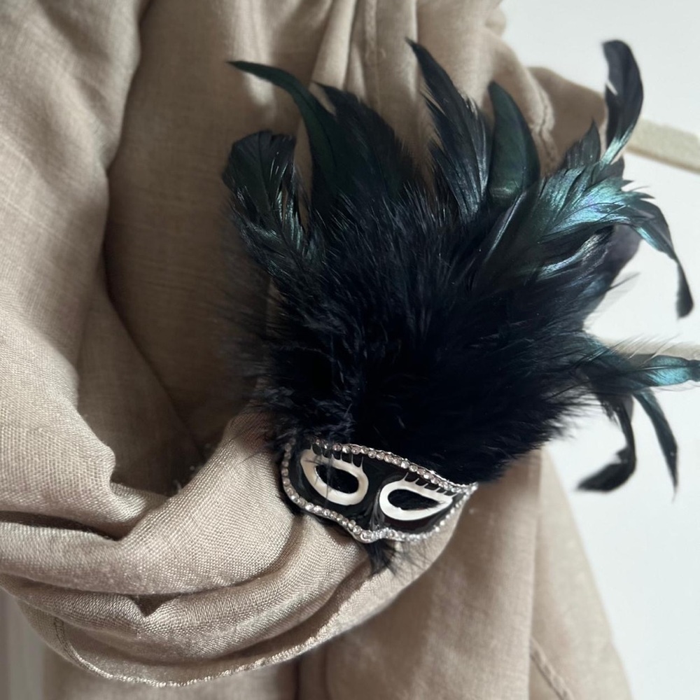 Elegant Black Feathered Mask Brooch - Picture 1 of 5